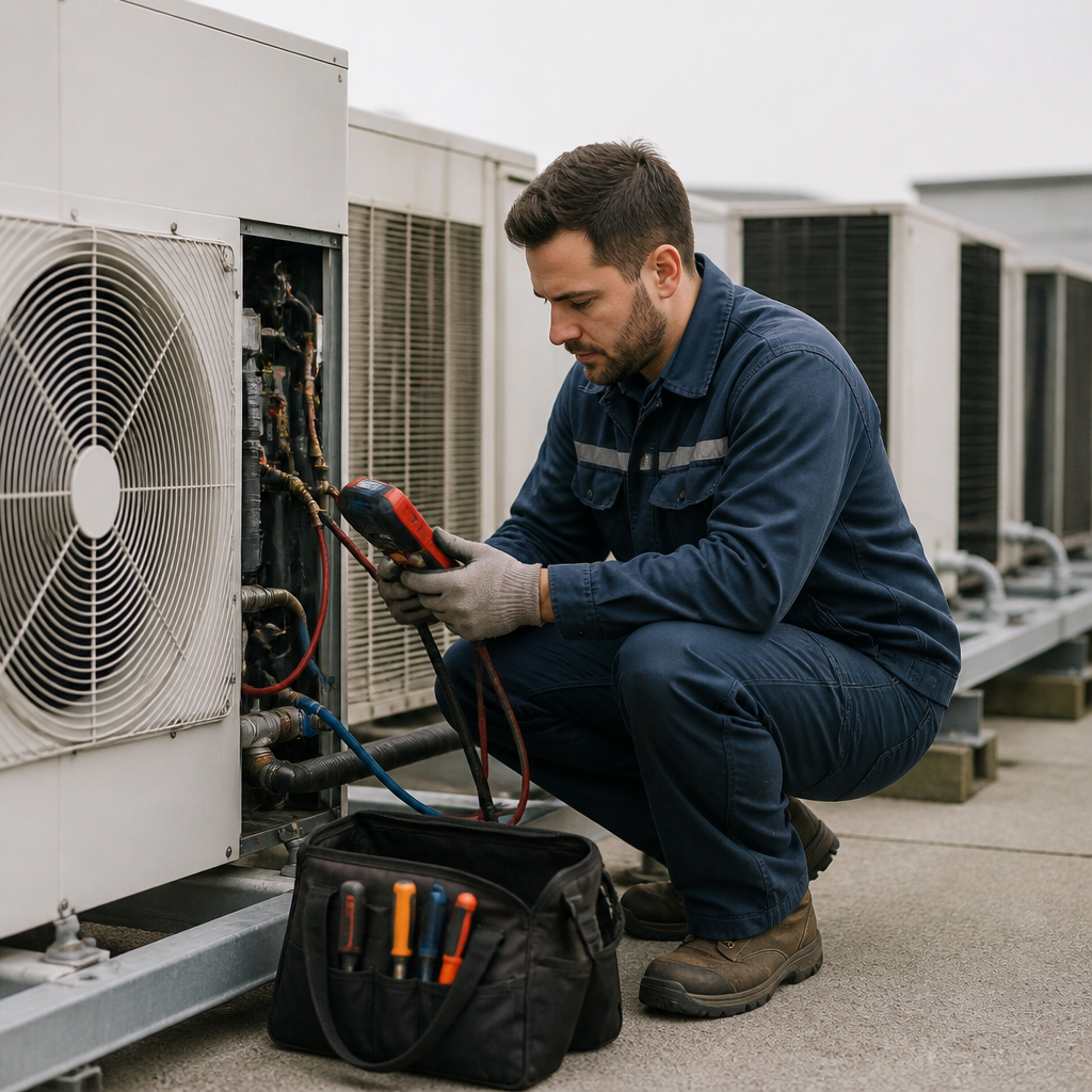 HVAC technician servicing an outdoor air conditioning unit